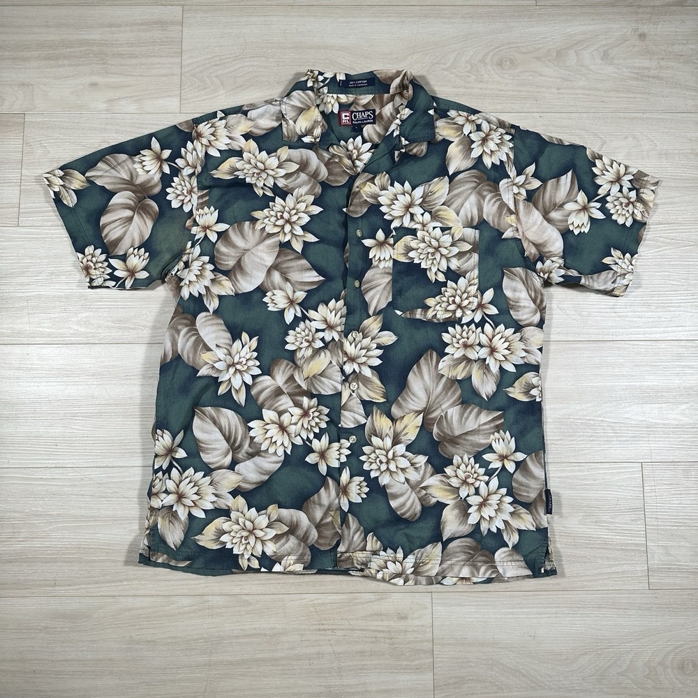 Chaps Ralph Lauren Shirt Mens Large Camp Loop Collar Floral Cotton Vintage Green